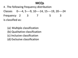 MCQs
4 . The following frequency distribution
Classes 0----4, 5----9, 10----14, 15----19, 20----24
Frequency 2 3 7 5 3
is classified as:
(a) Multiple classification
(b) Qualitative classification
(c) Inclusive classification
(d) Exclusive classification
 