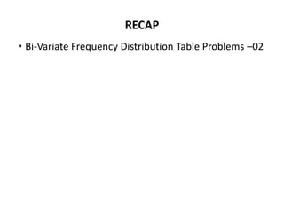 RECAP
• Bi-Variate Frequency Distribution Table Problems –02
 