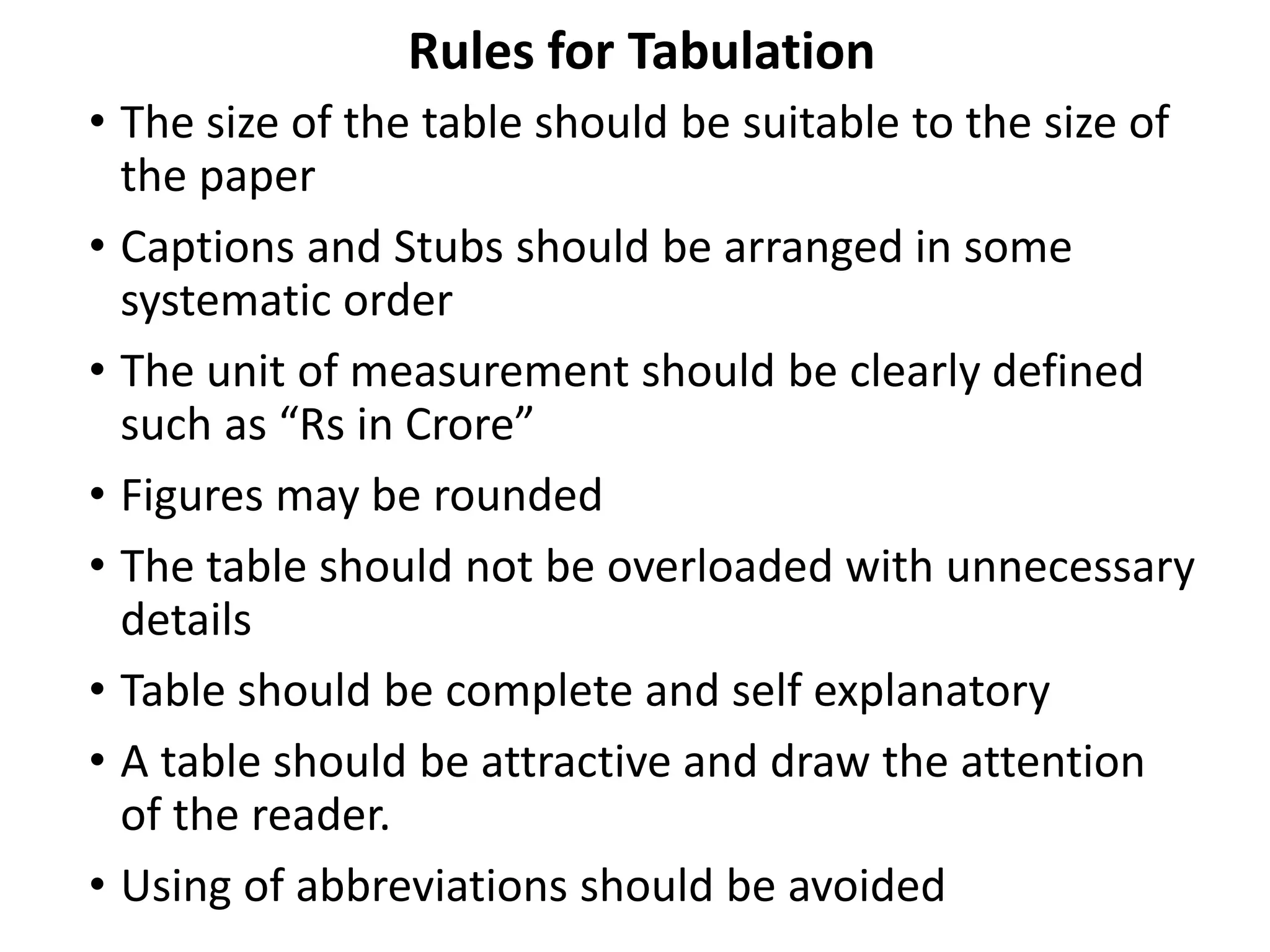 Rules for Tabulation
• The size of the table should be suitable to the size of
the paper
• Captions and Stubs should be arranged in some
systematic order
• The unit of measurement should be clearly defined
such as “Rs in Crore”
• Figures may be rounded
• The table should not be overloaded with unnecessary
details
• Table should be complete and self explanatory
• A table should be attractive and draw the attention
of the reader.
• Using of abbreviations should be avoided
 