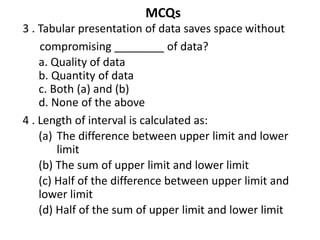 MCQs
3 . Tabular presentation of data saves space without
compromising ________ of data?
a. Quality of data
b. Quantity of data
c. Both (a) and (b)
d. None of the above
4 . Length of interval is calculated as:
(a) The difference between upper limit and lower
limit
(b) The sum of upper limit and lower limit
(c) Half of the difference between upper limit and
lower limit
(d) Half of the sum of upper limit and lower limit
 