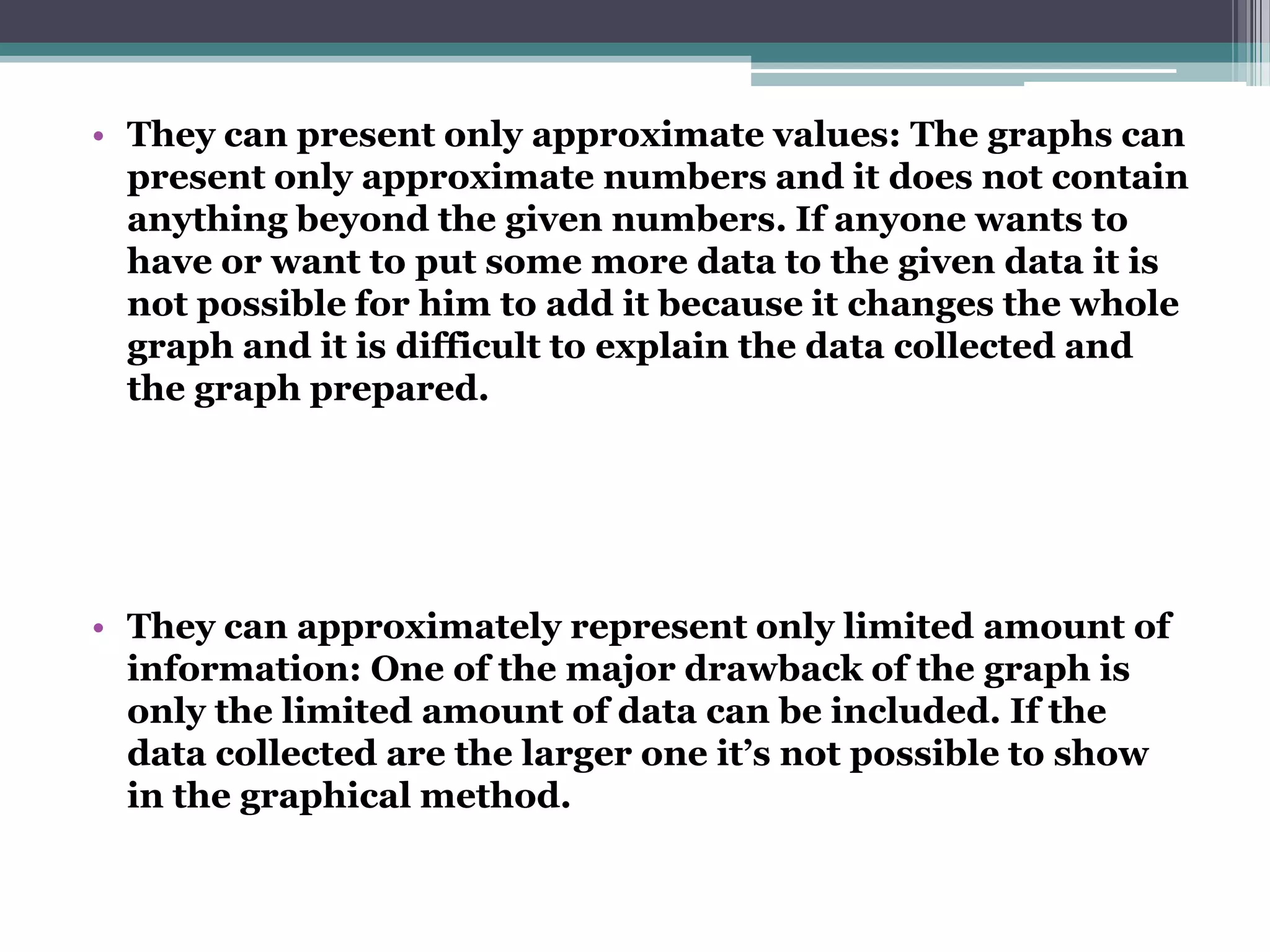 Graphs can appeal to visual memory in ways that mere tallies, tables, or frequency distributions cannot. However, if not used carefully, graphs can misrepresent relationships between variables or encourage inaccurate conclusions.