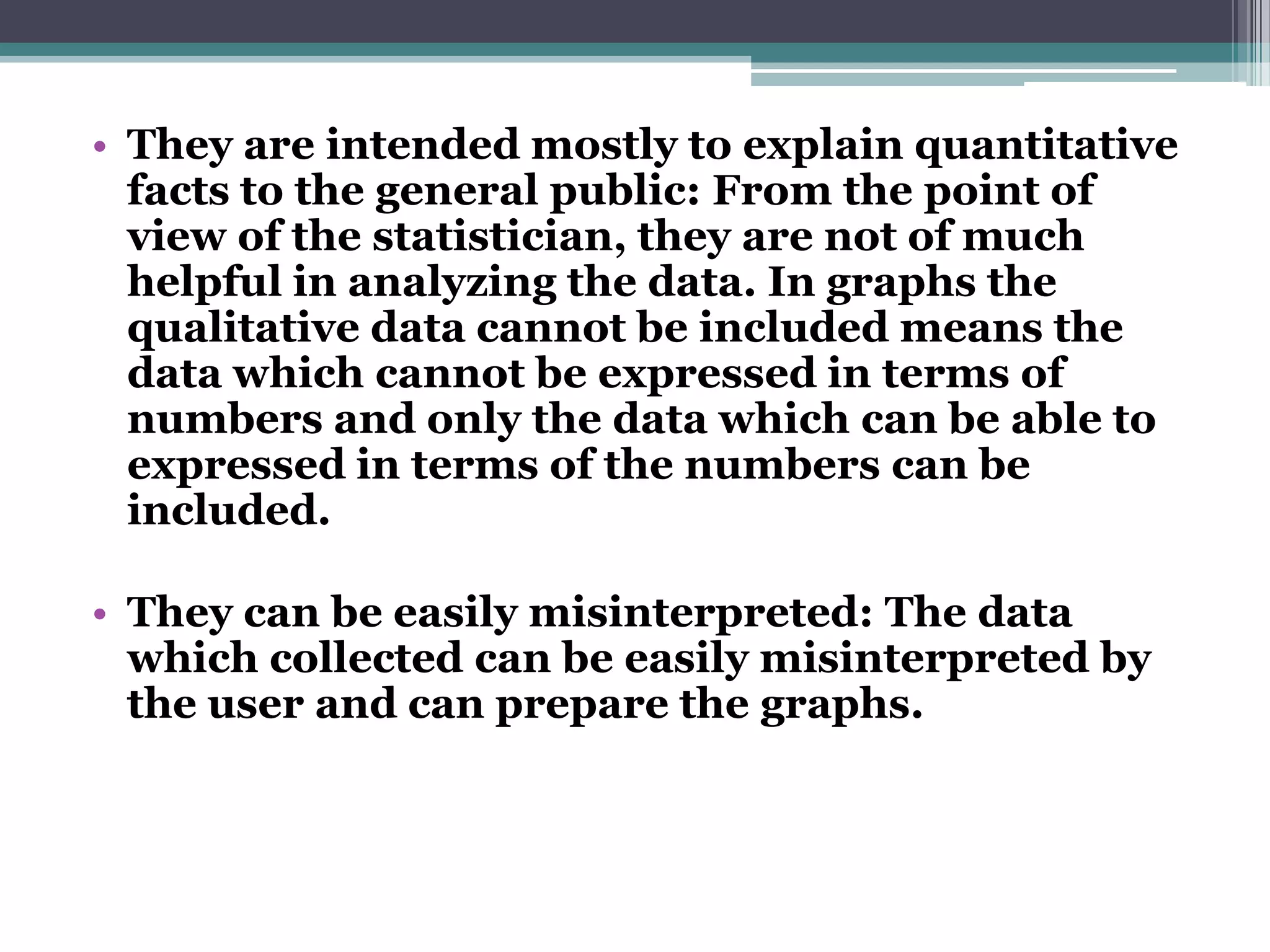 MERITS OF GRAPHS1. Production of graphs          Production of graphs is an art which can be acquired through practice. There are number of simple rules, adoption of which leads to the effectiveness of the graphs. We can make use of graph papers to do graphs.2. Rules for graphs        There is no hard and fast rule can be laid down about the ratio of the scale on the abscissa (point) and on the ordinate because much would depend upon the given data and size of the paper 3. Data Analysis Excellent, for data, comparison from various sources to derive conclusions