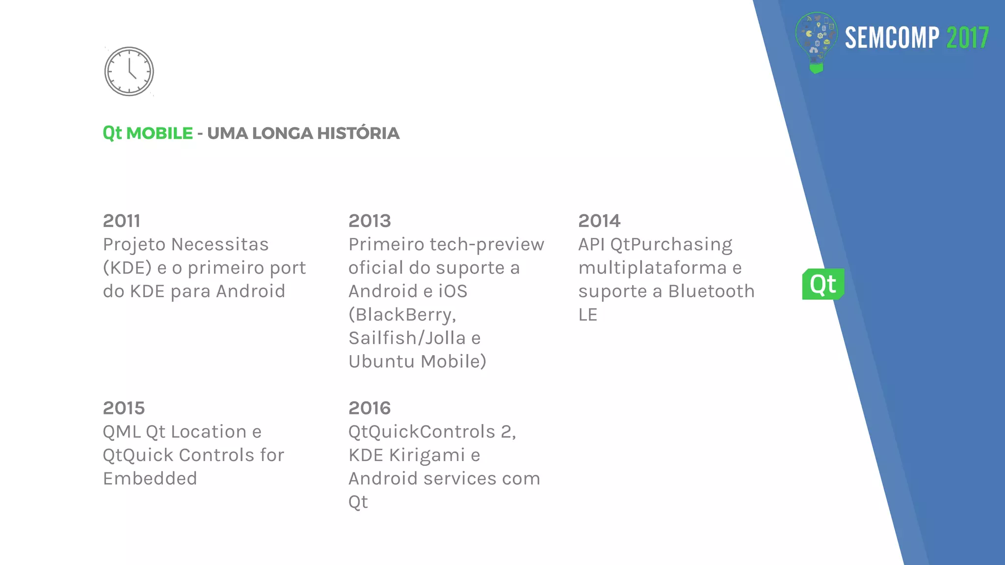2011
Projeto Necessitas
(KDE) e o primeiro port
do KDE para Android
2015
QML Qt Location e
QtQuick Controls for
Embedded
2013
Primeiro tech-preview
oficial do suporte a
Android e iOS
(BlackBerry,
Sailfish/Jolla e
Ubuntu Mobile)
2016
QtQuickControls 2,
KDE Kirigami e
Android services com
Qt
2014
API QtPurchasing
multiplataforma e
suporte a Bluetooth
LE
Qt MOBILE - UMA LONGA HISTÓRIA
 