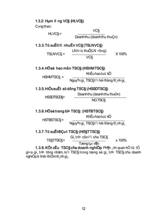 1.3.2: Hµm lî ng VC§ (HLVC§)
     C«ng thøc:
                                          VC§
             HLVC§ =
                               Doanh thu (doanh thu thuÇn)

     1.3.3. Tû suÊt l î i nhuËn VC§ (TSLN VC§)
                              LN tr íc thuÕ(LN rßng)
             TSLNVC§ =                                  X 100%
                                         VC§


     1.3.4. HÖ sè hao mßn TSC§: (HSHM TSC§)
                                   KhÊu hao luü kÕ
         HSHMTSC§ =
                        Nguyªn gi¸ TSC§ t¹i héi ®ång ®¸nh gi¸

     1.3.5. HiÖu suÊt sö dông TSC§: (HSSDTSC§)
                              Doanh thu (doanh thu thu©n)
            HSSDTSCD§=
                                       NG TSC§


     1.3.6. HÖ sè trang bÞ TSC§ : (HSTB TSC§)
                                     KhÊu hao luü kÕ
         HSTBSTSC§ =
                          Nguyªn gi¸ TSC§ t¹i héi ®ång ®¸nh gi¸

      1.3.7. Tû suÊt ®Çu t TSC§: (HS§T TSC§)
                             Gi¸ trÞ cßn l¹i cña TSC§
              TS§TTSC§=                                 x 100%
                                   Tæng tµi s¶n
      1.3.8. KÕt cÊu TSC§ cña doanh nghiÖp: Ph¶n ¸nh quan hÖ tû lÖ
gi÷a gi¸ trÞ tõng nhãm, lo¹i TSC§ trong tæng sè gi¸ trÞ TSC§ cña doanh
nghiÖp ë thêi ®iÓm ®¸nh gi¸.




                                   12
 