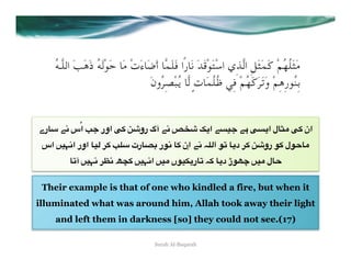 ُ‫ﻣَﺜَﻠُﻬُﻢْ ﻛَﻤَﺜَﻞِ اﻟﱠﺬِي اﺳْﺘَﻮْﻗَﺪَ ﻧَﺎرًا ﻓَﻠَﻤﱠﺎ أَﺿَﺎءَتْ ﻣَﺎ ﺣَﻮْﻟَﻪُ ذَﻫَﺐَ اﻟﻠﱠـﻪ‬
                                      َ‫ﺑِﻨُﻮرِﻫِﻢْ وَﺗَﺮَﻛَﻬُﻢْ ﻓِﻲ ﻇُﻠُﻤَﺎتٍ ﻟﱠﺎ ﻳُﺒْﺼِﺮُون‬


‫ اُس 2" 3%رے‬r< ‫ اور‬R+ ;i‫ 2" آگ رو‬äZi n(‫ #" <)&" ا‬R&(‫%ل ا‬ãA R+ ‫ان‬
 ‫ +0 *)% اور ا2>)= اس‬r53 ‫%رت‬å8 ‫ 2" اِن +% 27ر‬E5*‫; +0 د(% 67 ا‬i‫7ل +7 رو‬D%A
         %6‫0 2>)= آ‬ç2 hé+ =)>2‫)= ا‬A ‫ 6%ر(')7ں‬E+ %(‫7ڑ د‬PÅ =)A ‫%ل‬D


 Their example is that of one who kindled a fire, but when it
illuminated what was around him, Allah took away their light
    and left them in darkness [so] they could not see.(17)

                                        Surah Al-Baqarah
 