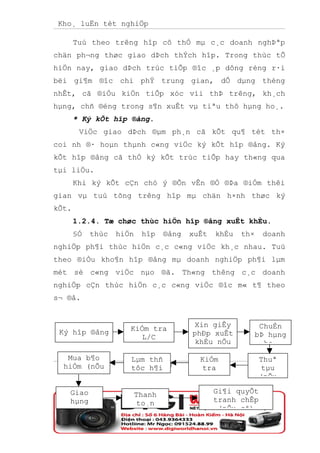 Kho¸ luËn tèt nghiÖp

       Tuú theo trêng hîp cô thÓ mµ c¸c doanh nghÞªp
chän ph¬ng thøc giao dÞch thÝch hîp. Trong thùc tÕ
hiÖn nay, giao dÞch trùc tiÕp ®îc ¸p dông réng r·i
bëi gi¶m ®îc chi phÝ trung gian, dÔ dµng thèng
nhÊt, cã ®iÒu kiÖn tiÕp xóc víi thÞ trêng, kh¸ch
hµng, chñ ®éng trong s¶n xuÊt vµ tiªu thô hµng ho¸.
       * Ký kÕt hîp ®ång.
        ViÖc giao dÞch ®µm ph¸n cã kÕt qu¶ tèt th×
coi nh ®· hoµn thµnh c«ng viÖc ký kÕt hîp ®ång. Ký
kÕt hîp ®ång cã thÓ ký kÕt trùc tiÕp hay th«ng qua
tµi liÖu.
       Khi ký kÕt cÇn chó ý ®Õn vÊn ®Ò ®Þa ®iÓm thêi
gian vµ tuú tõng trêng hîp mµ chän h×nh thøc ký
kÕt.
       1.2.4. Tæ chøc thùc hiÖn hîp ®ång xuÊt khÈu.
       §Ó   thùc   hiÖn    hîp    ®ång   xuÊt   khÈu   th×    doanh
nghiÖp ph¶i thùc hiÖn c¸c c«ng viÖc kh¸c nhau. Tuú
theo ®iÒu kho¶n hîp ®ång mµ doanh nghiÖp ph¶i lµm
mét sè c«ng viÖc nµo ®ã. Th«ng thêng c¸c doanh
nghiÖp cÇn thùc hiÖn c¸c c«ng viÖc ®îc m« t¶ theo
s¬ ®å.


                                          Xin giÊy            ChuÈn
 Ký hîp ®ång          KiÓm tra
                                         phÐp xuÊt           bÞ hµng
                         L/C
                                          khÈu nÕu             ho¸
   Mua b¶o            Lµm thñ              KiÓm              Thuª
  hiÓm (nÕu           tôc h¶i 17            tra               tµu
    cÇn)                                   hµng              (nÕu

    Giao                  Thanh                 Gi¶i quyÕt
    hµng                   to¸n                 tranh chÊp
  lªn tµu                                        (nÕu cã)
 