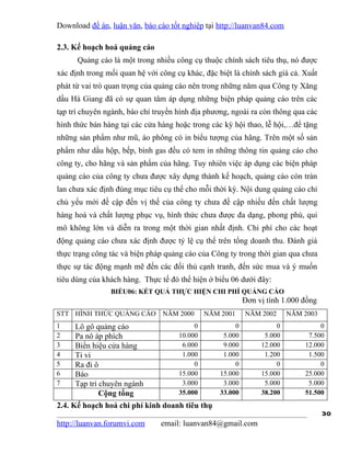 Download đề án, luận văn, báo cáo tốt nghiệp tại http://luanvan84.com

2.3. Kế hoạch hoá quảng cáo
      Quảng cáo là một trong nhiều công cụ thuộc chính sách tiêu thụ, nó được
xác định trong mối quan hệ với công cụ khác, đặc biệt là chính sách giá cả. Xuất
phát từ vai trò quan trọng của quảng cáo nên trong những năm qua Công ty Xăng
dầu Hà Giang đã có sự quan tâm áp dụng những biện pháp quảng cáo trên các
tạp trí chuyên ngành, báo chí truyền hình địa phương, ngoài ra còn thông qua các
hình thức bán hàng tại các cửa hàng hoặc trong các kỳ hội thao, lễ hội,…để tặng
những sản phẩm như mũ, áo phông có in biểu tượng của hãng. Trên một số sản
phẩm như dầu hộp, bếp, bình gas đều có tem in những thông tin quảng cáo cho
công ty, cho hãng và sản phẩm của hãng. Tuy nhiên việc áp dụng các biện pháp
quảng cáo của công ty chưa được xây dựng thành kế hoạch, quảng cáo còn tràn
lan chưa xác định đúng mục tiêu cụ thể cho mỗi thời kỳ. Nội dung quảng cáo chỉ
chủ yếu mới đề cập đến vị thế của công ty chưa đề cập nhiều đến chất lượng
hàng hoá và chất lượng phục vụ, hình thức chưa được đa dạng, phong phú, qui
mô không lớn và diễn ra trong một thời gian nhất định. Chi phí cho các hoạt
động quảng cáo chưa xác định được tỷ lệ cụ thể trên tổng doanh thu. Đánh giá
thực trạng công tác và biện pháp quảng cáo của Công ty trong thời gian qua chưa
thực sự tác động mạnh mẽ đến các đối thủ cạnh tranh, đến sức mua và ý muốn
tiêu dùng của khách hàng. Thực tế đó thể hiện ở biểu 06 dưới đây:
                BIỂU06: KẾT QUẢ THỰC HIỆN CHI PHÍ QUẢNG CÁO
                                                           Đơn vị tính 1.000 đồng
STT HÌNH THỨC QUẢNG CÁO         NĂM 2000      NĂM 2001     NĂM 2002      NĂM 2003
1    Lô gô quảng cáo                      0            0             0            0
2    Pa nô áp phích                  10.000        5.000         5.000        7.500
3    Biển hiệu cửa hàng               6.000        9.000        12.000       12.000
4    Ti vi                            1.000        1.000         1.200        1.500
5    Ra đi ô                              0            0             0            0
6    Báo                             15.000       15.000        15.000       25.000
7    Tạp trí chuyên ngành             3.000        3.000         5.000        5.000
             Cộng tổng               35.000       33.000        38.200       51.500
2.4. Kế hoạch hoá chi phí kinh doanh tiêu thụ
                                                                                    30
http://luanvan.forumvi.com     email: luanvan84@gmail.com
 