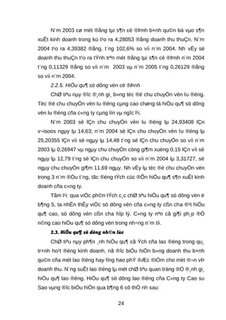 N¨m 2003 cø mét ®ång tμi s¶n cè ®Þnh b×nh qu©n bá vμo s¶n 
xuÊt kinh doanh trong kú t¹o ra 4,28053 ®ång doanh thu thuÇn. N¨m 
2004 t¹o ra 4,39382 ®ång, t¨ng 102,6% so víi n¨m 2004. Nh vËy sè 
doanh thu thuÇn t¹o ra tÝnh trªn mét ®ång tμi s¶n cè ®Þnh n¨m 2004 
t¨ng 0,11329 ®ång so víi n¨m 2003 vμ n¨m 2005 t¨ng 0,26129 ®ång 
so víi n¨m 2004. 
2.2.5. HiÖu qu¶ sö dông vèn cè ®Þnh 
ChØ tiªu nμy ®îc ®¸nh gi¸ b»ng tèc ®é chu chuyÓn vèn lu ®éng. 
Tèc ®é chu chuyÓn vèn lu ®éng cμng cao chøng tá hiÖu qu¶ sö dông 
vèn lu ®éng cña c«ng ty cμng lín vμ ngîc l¹i. 
N¨m 2003 sè lÇn chu chuyÓn vèn lu ®éng lμ 24,93408 lÇn 
v¬isoos ngμy lμ 14,63; n¨m 2004 sè lÇn chu chuyÓn vèn lu ®éng lμ 
25,20355 lÇn víi sè ngμy lμ 14,48 t¨ng sè lÇn chu chuyÓn so víi n¨m 
2003 lμ 0,26947 vμ ngμy chu chuyÓn còng gi¶m xuèng 0,15 lÇn víi sè 
ngμy lμ 12,79 t¨ng sè lÇn chu chuyÓn so víi n¨m 2004 lμ 3,31727, sè 
ngμy chu chuyÓn gi¶m 11,69 ngμy. Nh vËy lμ tèc ®é chu chuyÓn vèn 
trong 3 n¨m ®Òu t¨ng, tãc ®éng tÝch cùc ®Õn hiÖu qu¶ s¶n xuÊt kinh 
doanh cña c«ng ty. 
Tãm l¹i: qua viÖc ph©n tÝch c¸c chØ tiªu hiÖu qu¶ sö dông vèn ë 
b¶ng 5, ta nhËn thÊy viÖc sö dông vèn cña c«ng ty cßn cha ®¹t hiÖu 
qu¶ cao, sö dông vèn cßn cha hîp lý. C«ng ty nªn cã gi¶i ph¸p ®Ó 
n©ng cao hiÖu qu¶ sö dông vèn trong nh÷ng n¨m tíi. 
2.3. HiÖu qu¶ sö dông nh©n lùc 
ChØ tiªu nμy ph¶n ¸nh hiÖu qu¶ cã Ých cña lao ®éng trong qu¸ 
tr×nh ho¹t ®éng kinh doanh, nã ®îc biÓu hiÖn b»ng doanh thu b×nh 
qu©n cña mét lao ®éng hay lîng hao phÝ ®Æc ®iÓm cho mét ®¬n vÞ 
doanh thu. N¨ng suÊt lao ®éng lμ mét chØ tiªu quan träng ®Ó ®¸nh gi¸ 
hiÖu qu¶ lao ®éng. HiÖu qu¶ sö dông lao ®éng cña C«ng ty Cao su 
Sao vμng ®îc biÓu hiÖn qua b¶ng 6 cô thÓ nh sau: 
24 
 