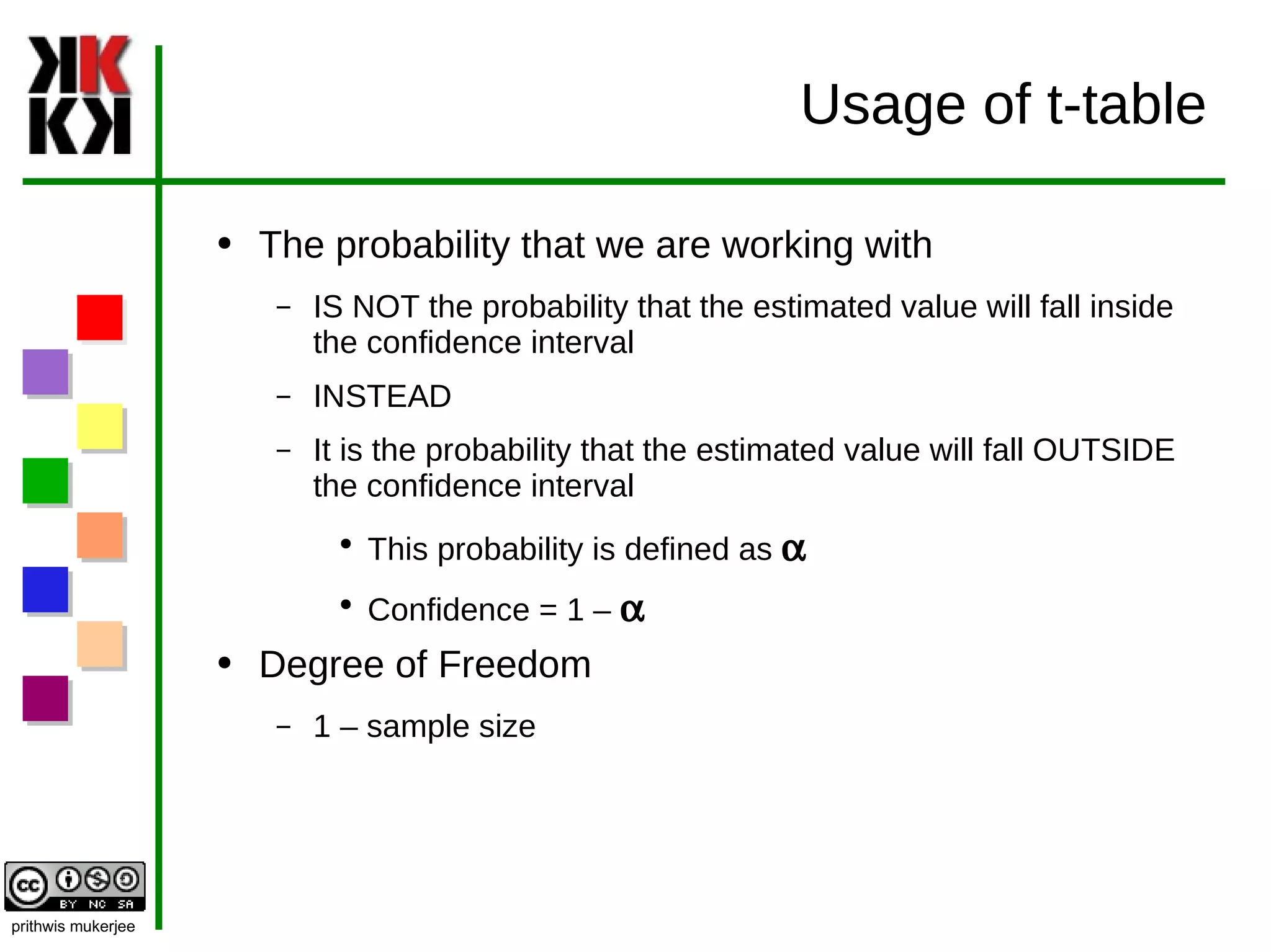 Usage of t-table The probability that we are working with  IS NOT the probability that the estimated value will fall inside the confidence interval  INSTEAD It is the probability that the estimated value will fall OUTSIDE the confidence interval This probability is defined as  a Confidence = 1 –  a Degree of Freedom 1 – sample size  