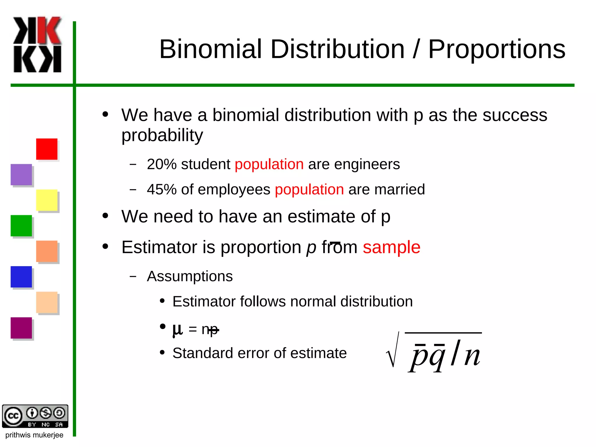 Binomial Distribution / Proportions We have a binomial distribution with p as the success probability 20% student  population  are engineers 45% of employees  population  are married We need to have an estimate of p Estimator is proportion  p  from  sample  Assumptions  Estimator follows normal distribution m  = np Standard error of estimate  