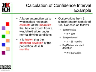 Calculation of Confidence Interval Example A large automotive parts wholesalers needs an  estimate  of the  mean life  that he can expect from a windshield wiper under normal driving conditions It is  known  that the  standard deviation  of the population life is 6  months Observations from 1 simple random sample of 100 blades is as follows  Sample Size n = 100 Sample Mean x = 21 months Population standard deviation  s  = 6 months 