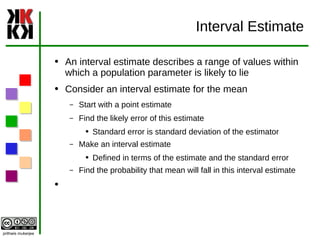 Interval Estimate An interval estimate describes a range of values within which a population parameter is likely to lie Consider an interval estimate for the mean Start with a point estimate Find the likely error of this estimate Standard error is standard deviation of the estimator Make an interval estimate Defined in terms of the estimate and the standard error Find the probability that mean will fall in this interval estimate 
