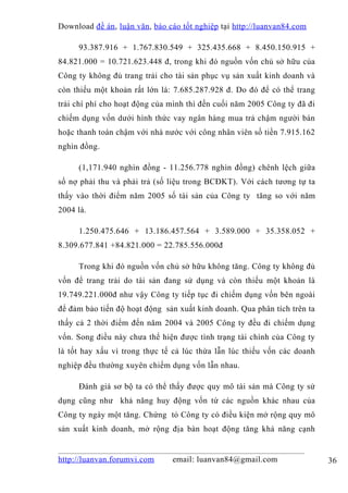 Download đề án , luận văn, báo cáo tốt nghiệp tại http://luanvan84.com

     93.387.916 + 1.767.830.549 + 325.435.668 + 8.450.150.915 +
84.821.000 = 10.721.623.448 đ, trong khi đó nguồn vốn chủ sở hữu của
Công ty không đủ trang trải cho tài sản phục vụ sản xuất kinh doanh và
còn thiếu một khoản rất lớn là: 7.685.287.928 đ. Do đó để có thể trang
trải chí phí cho hoạt động của mình thì đến cuối năm 2005 Công ty đã đi
chiếm dụng vốn dưới hình thức vay ngân hàng mua trả chậm người bán
hoặc thanh toán chậm với nhà nước với công nhân viên số tiền 7.915.162
nghìn đồng.

     (1,171.940 nghìn đồng - 11.256.778 nghìn đồng) chênh lệch giữa
số nợ phải thu và phải trả (số liệu trong BCĐKT). Với cách tương tự ta
thấy vào thời điểm năm 2005 số tài sản của Công ty tăng so với năm
2004 là.

     1.250.475.646 + 13.186.457.564 + 3.589.000 + 35.358.052 +
8.309.677.841 +84.821.000 = 22.785.556.000đ

     Trong khi đó nguồn vốn chủ sở hữu không tăng. Công ty không đủ
vốn để trang trải do tài sản đang sử dụng và còn thiếu một khoản là
19.749.221.000đ như vậy Công ty tiếp tục đi chiếm dụng vốn bên ngoài
để đảm bảo tiến độ hoạt động sản xuất kinh doanh. Qua phân tích trên ta
thấy cả 2 thời điểm đến năm 2004 và 2005 Công ty đều đi chiếm dụng
vốn. Song điều này chưa thể hiện được tình trạng tài chính của Công ty
là tốt hay xấu vì trong thực tế cả lúc thừa lẫn lúc thiếu vốn các doanh
nghiệp đều thường xuyên chiếm dụng vốn lẫn nhau.

     Đánh giá sơ bộ ta có thể thấy được quy mô tài sản mà Công ty sử
dụng cũng như khả năng huy động vốn từ các nguồn khác nhau của
Công ty ngày một tăng. Chứng tỏ Công ty có điều kiện mở rộng quy mô
sản xuất kinh doanh, mở rộng địa bàn hoạt động tăng khả năng cạnh


http://luanvan.forumvi.com      email: luanvan84@gmail.com                36
 