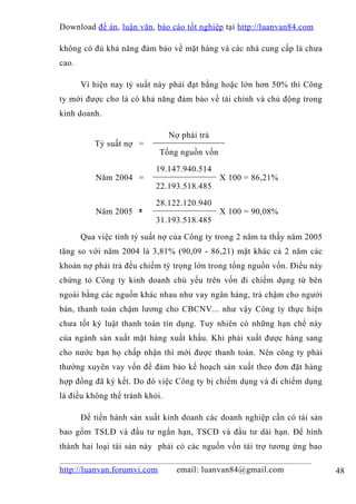 Download đề án , luận văn, báo cáo tốt nghiệp tại http://luanvan84.com

không có đủ khả năng đảm bảo về mặt hàng và các nhà cung cấp là chưa
cao.

       Vì hiện nay tỷ suất này phải đạt bằng hoặc lớn hơn 50% thì Công
ty mới được cho là có khả năng đảm bảo về tài chính và chủ động trong
kinh doanh.

                                Nợ phải trả
          Tỷ suất nợ =
                             Tổng nguồn vốn

                           19.147.940.514
           Năm 2004 =                         X 100 = 86,21%
                           22.193.518.485

                           28.122.120.940
           Năm 2005 =                         X 100 = 90,08%
                           31.193.518.485

       Qua việc tính tỷ suất nợ của Công ty trong 2 năm ta thấy năm 2005
tăng so với năm 2004 là 3,81% (90,09 - 86,21) mặt khác cả 2 năm các
khoản nợ phải trả đều chiếm tỷ trọng lớn trong tổng nguồn vốn. Điều này
chứng tỏ Công ty kinh doanh chủ yếu trên vốn đi chiếm dụng từ bên
ngoài bằng các nguồn khác nhau như vay ngân hàng, trả chậm cho người
bán, thanh toán chậm lương cho CBCNV... như vậy Công ty thực hiện
chưa tốt kỷ luật thanh toán tín dụng. Tuy nhiên có những hạn chế này
của ngành sản xuất mặt hàng xuất khẩu. Khi phải xuất được hàng sang
cho nước bạn họ chấp nhận thì mới được thanh toán. Nên công ty phải
thường xuyên vay vốn để đảm bảo kế hoạch sản xuất theo đơn đặt hàng
hợp đồng đã ký kết. Do đó việc Công ty bị chiếm dụng và đi chiếm dụng
là điều không thể tránh khỏi.

       Để tiến hành sản xuất kinh doanh các doanh nghiệp cần có tài sản
bao gồm TSLĐ và đầu tư ngắn hạn, TSCĐ và đầu tư dài hạn. Để hình
thành hai loại tài sản này phải có các nguồn vốn tài trợ tương ứng bao

http://luanvan.forumvi.com        email: luanvan84@gmail.com               48
 