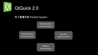 QtQuick 2.0
粒子動畫系統 Particle System

                        ParticleSystem
                       container/timer


     ParticlePainter                         Emmiter
    render particles                      create particles



                           Affector
                        alter particles
 