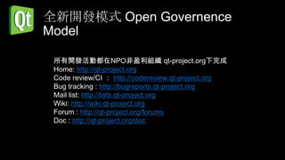 全新開發模式 Open Governence
Model

 所有開發活動都在NPO非盈利組織 qt-project.org下完成
 Home: http://qt-project.org
 Code review/CI ： http://codereview.qt-project.org
 Bug tracking : http://bugreports.qt-project.org
 Mail list: http://lists.qt-project.org
 Wiki: http://wiki.qt-project.org
 Forum : http://qt-project.org/forums
 Doc : http://qt-project.org/doc
 