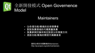 全新開發模式 Open Governence
Model
                Maintainers

   •   Qt各個功能/模塊的技術領導者
   •   對該負責領域的代碼質量負責
   •   負責參與討論和制定該部分的發展方向
   •   是該功能/模塊的默認代碼審查者


        當前Qt項目各個模塊的Maintainers
        http://qt-project.org/wiki/maintainers
 