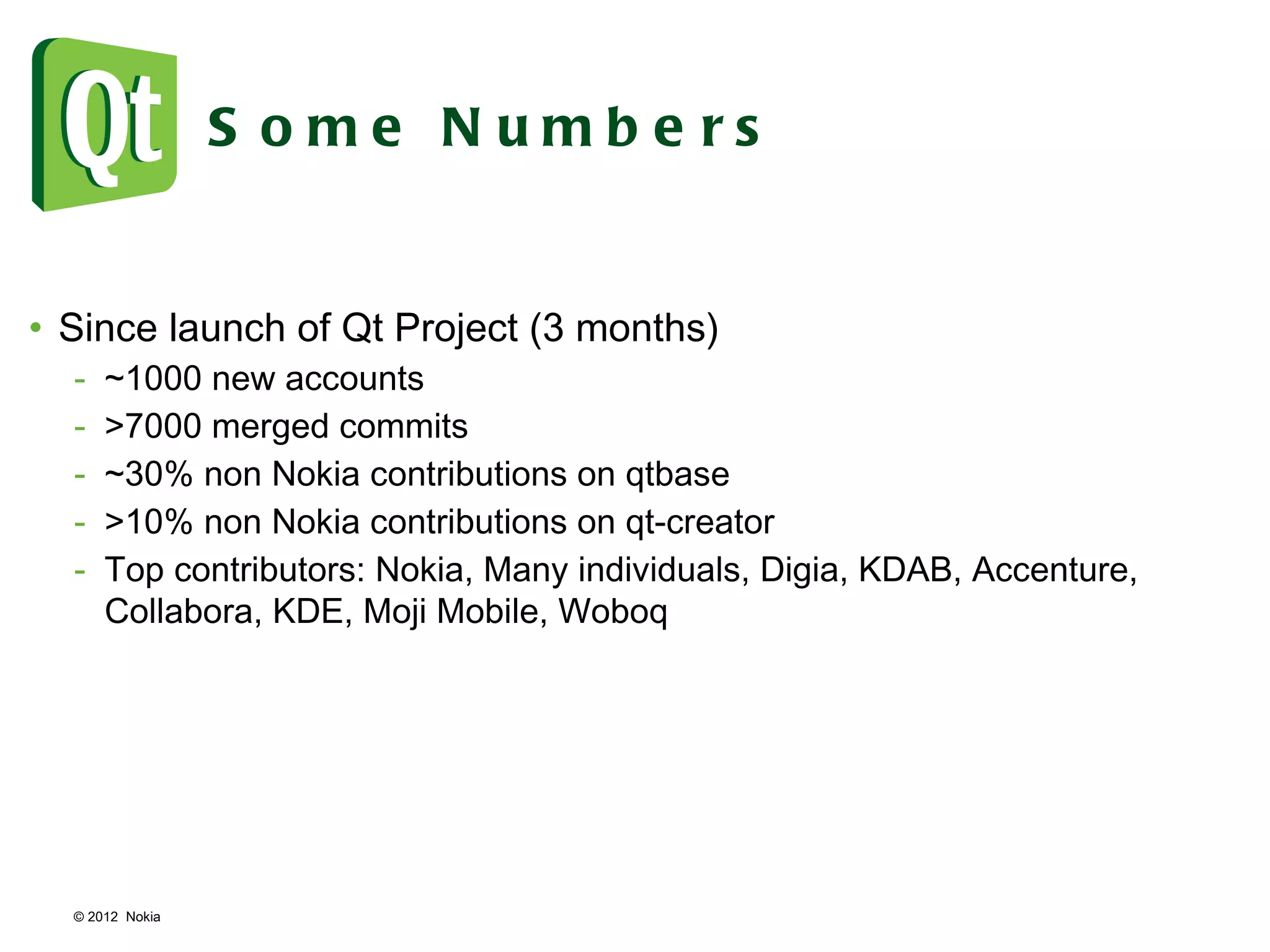 © 2012  Nokia  Some Numbers Since launch of Qt Project (3 months) ~1000 new accounts >7000 merged commits ~30% non Nokia contributions on qtbase >10% non Nokia contributions on qt-creator Top contributors: Nokia, Many individuals, Digia, KDAB, Accenture, Collabora, KDE, Moji Mobile, Woboq 