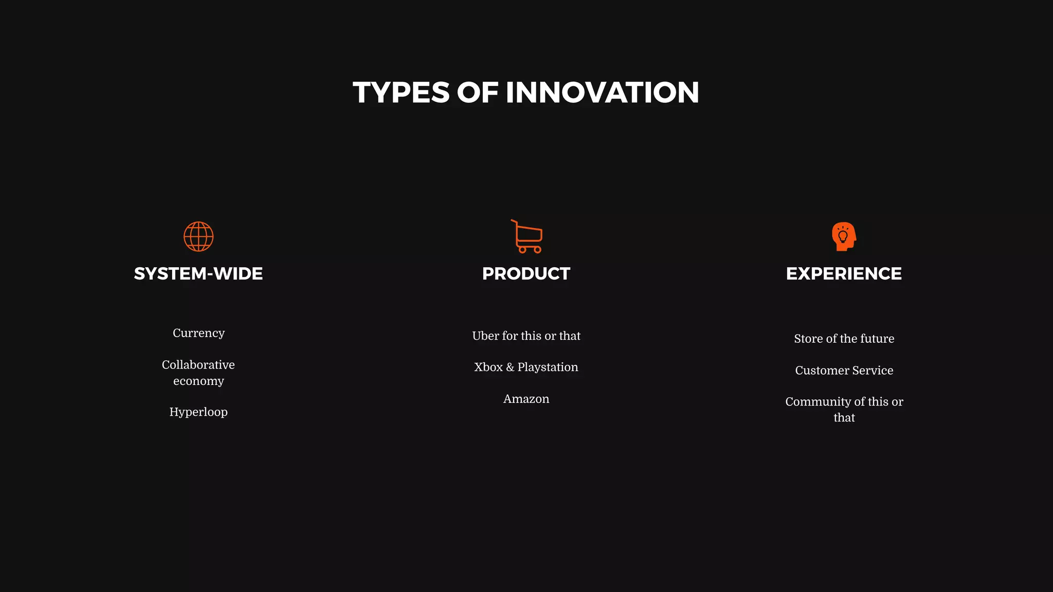 Currency
Collaborative
economy
Hyperloop
SYSTEM-WIDE
Uber for this or that
Xbox & Playstation
Amazon
PRODUCT
Store of the future
Customer Service
Community of this or
that
EXPERIENCE
TYPES OF INNOVATION
 