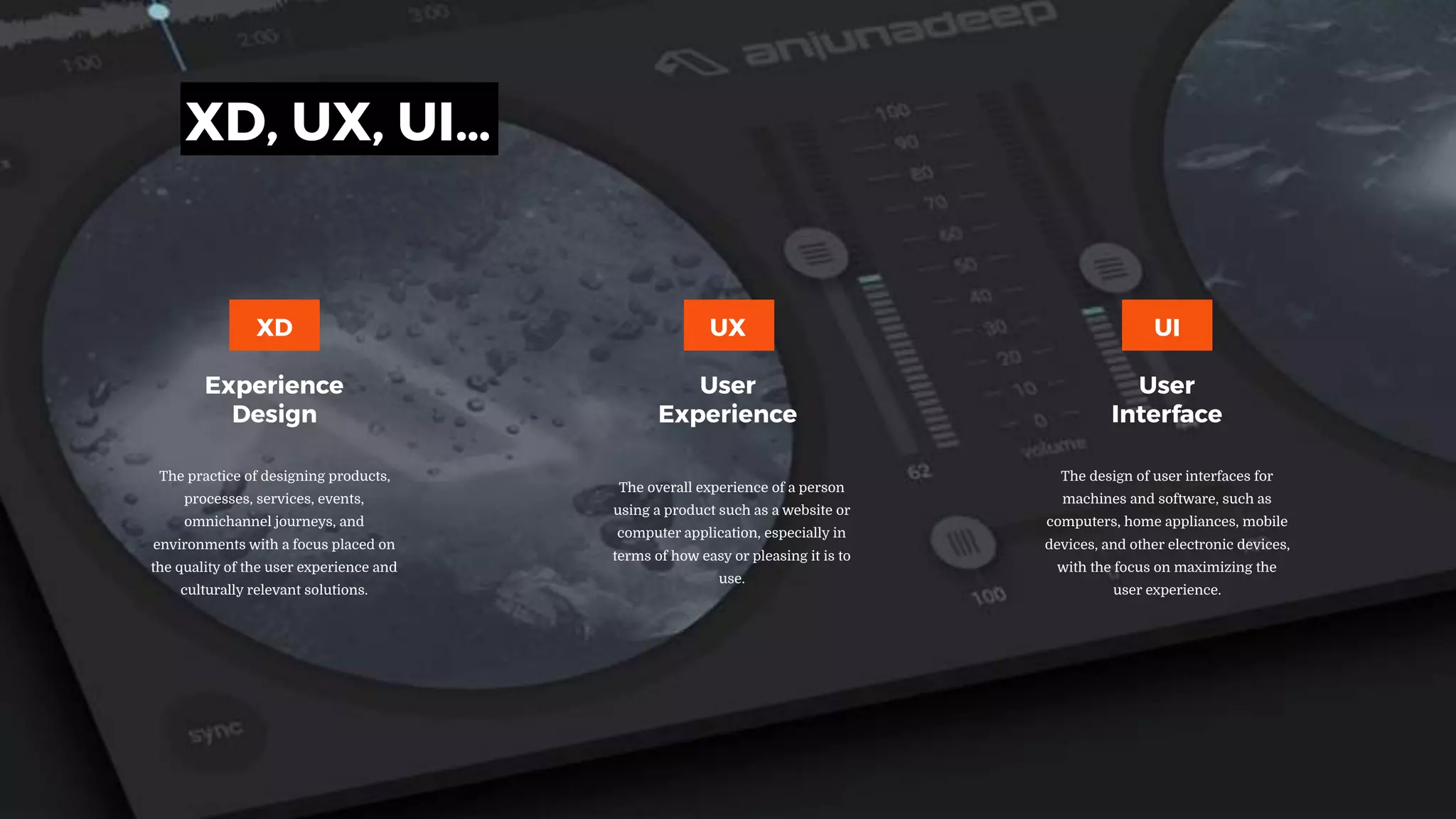 XD, UX, UI…
The practice of designing products,
processes, services, events,
omnichannel journeys, and
environments with a focus placed on
the quality of the user experience and
culturally relevant solutions.
The overall experience of a person
using a product such as a website or
computer application, especially in
terms of how easy or pleasing it is to
use.
The design of user interfaces for
machines and software, such as
computers, home appliances, mobile
devices, and other electronic devices,
with the focus on maximizing the
user experience.
XD
Experience
Design
UX
User
Experience
UI
User
Interface
 