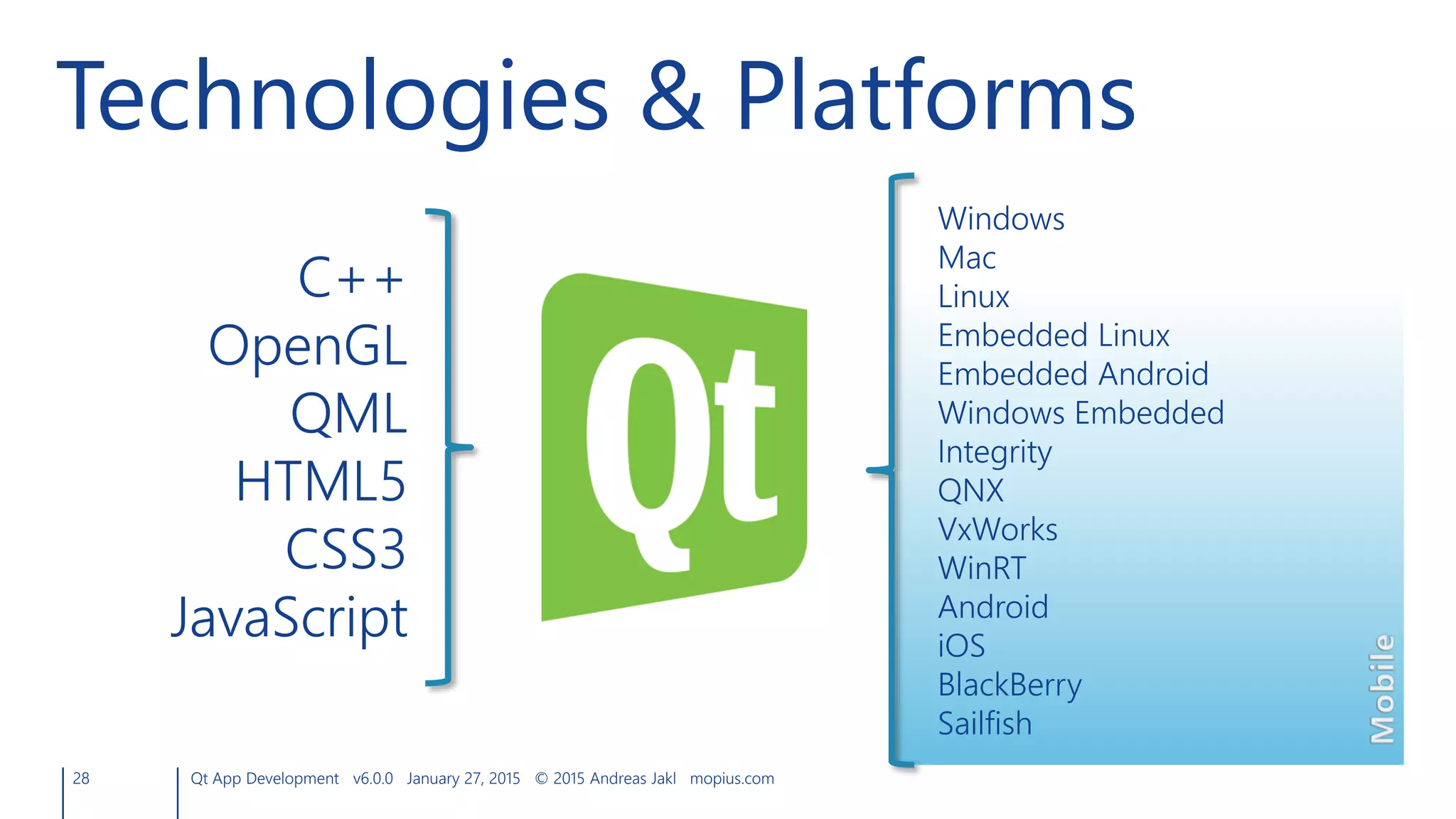 28 Qt App Development v6.0.0 January 27, 2015 © 2015 Andreas Jakl mopius.com
Technologies & Platforms
C++
OpenGL
QML
HTML5
CSS3
JavaScript
Windows
Mac
Linux
Embedded Linux
Embedded Android
Windows Embedded
Integrity
QNX
VxWorks
WinRT
Android
iOS
BlackBerry
Sailfish
 