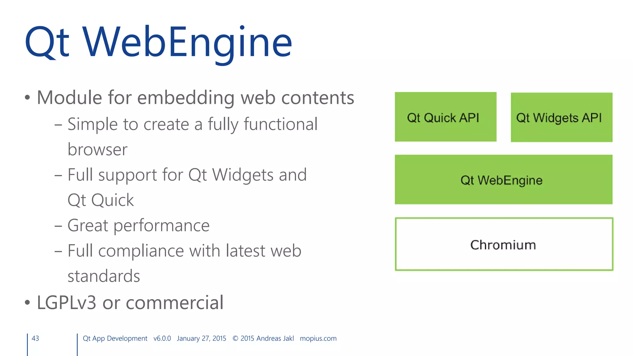 Qt WebEngine
• Module for embedding web contents
– Simple to create a fully functional
browser
– Full support for Qt Widgets and
Qt Quick
– Great performance
– Full compliance with latest web
standards
• LGPLv3 or commercial
43 Qt App Development v6.0.0 January 27, 2015 © 2015 Andreas Jakl mopius.com
 