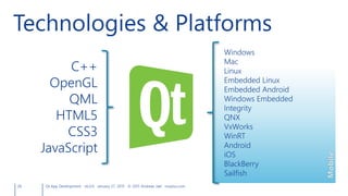 28 Qt App Development v6.0.0 January 27, 2015 © 2015 Andreas Jakl mopius.com
Technologies & Platforms
C++
OpenGL
QML
HTML5
CSS3
JavaScript
Windows
Mac
Linux
Embedded Linux
Embedded Android
Windows Embedded
Integrity
QNX
VxWorks
WinRT
Android
iOS
BlackBerry
Sailfish
 