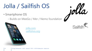 Jolla / Sailfish OS
• Smartphone OS
– Builds on MeeGo / Mer / Nemo foundation
33 Qt App Development v6.0.0 January 27, 2015 © 2015 Andreas Jakl mopius.com
jolla.com
sailfishos.org
 