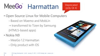 Harmattan
• Open Source Linux for Mobile Computers
– Based on Maemo and MobLin
→ transformed to Tizen by Samsung
(HTML5-based apps)
• Nokia N9
– MeeGo 1.2 Harmattan
– Only product with OS
36 Qt App Development v6.0.0 January 27, 2015 © 2015 Andreas Jakl mopius.com
Deprecated
(only Qt 4)
 
