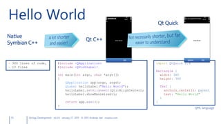 55 Qt App Development v6.0.0 January 27, 2015 © 2015 Andreas Jakl mopius.com
Hello World
#include <QApplication>
#include <QPushLabel>
int main(int argc, char *argv[])
{
QApplication app(argc, argv);
QLabel helloLabel("Hello World");
helloLabel.setAlignment(Qt::AlignCenter);
helloLabel.showMaximized();
return app.exec();
}
import QtQuick 2.4
Rectangle {
width: 360
height: 360
Text {
anchors.centerIn: parent
text: "Hello World"
}
}
~ 300 lines of code,
~ 15 files
Native
Symbian C++
Qt C++
Qt Quick
QML language
 