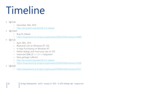 Timeline
• Qt 5.4
– December 10th, 2014
– http://qt-project.org/wiki/Qt-5.4-release
• Qt 5.4.1
– Bug-fix release
– https://bugreports.qt-project.org/browse/QTBUG/fixforversion/14400
• Qt 5.5
– April 28th, 2015
– Bluetooth (LE) on Windows RT, iOS
– In-App Purchasing on Windows RT
– Native dialogs and more pop-ups on iOS
– Improved QML/JS <> C++ integration
– New garbage collector
– http://qt-project.org/wiki/Qt-5.5-release
– https://bugreports.qt-project.org/browse/QTBUG/fixforversion/14200
• Qt 6.0
– https://bugreports.qt-project.org/browse/QTBUG/fixforversion/12127
62 Qt App Development v6.0.0 January 27, 2015 © 2015 Andreas Jakl mopius.com
 