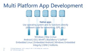 7 Qt App Development v6.0.0 January 27, 2015 © 2015 Andreas Jakl mopius.com
Multi Platform App Development
Windows | Mac | Linux
Android | iOS | WinRT | BlackBerry* | Sailfish*
Embedded Linux | Embedded Android | Windows Embedded
Integrity | QNX | VxWorks
Native apps
Use operating system and its functions directly
(different code for networking, GPS, etc.)
* Community support only
 
