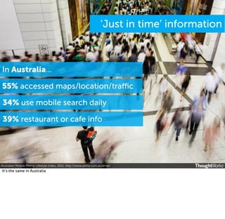‘Just in time’ information

In Australia...
55% accessed maps/location/traﬃc
34% use mobile search daily
39% restaurant or cafe info

Australian Mobile Phone Lifestyle Index, 2011. http://www.aimia.com.au/ampli

It’s the same in Australia

 