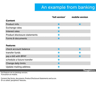 An example from banking
‘full version’

mobile version

Product info

★

★

Exchange rates

★

Interest rates

★

Product disclosure statements

★

Forms & documents

★

Content

Features
check account balance

★

★

transfer funds

★

★

pay a bill with BPAY

★

★

schedule a future transfer

★

Change daily limits

★

Update mailing address

★

Full feature set on desktop version.
Truncation on mobile.
Content like forms, documents, Product Disclosure Statements and so on.
Or so called ‘peripheral’ features.

 