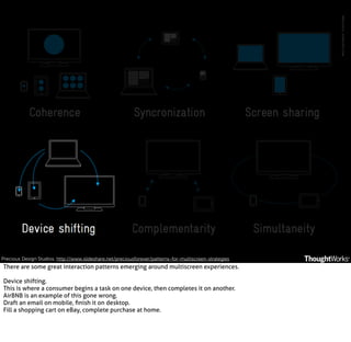Precious Design Studios. http://www.slideshare.net/preciousforever/patterns-for-multiscreen-strategies

There are some great interaction patterns emerging around multiscreen experiences.
Device shifting.
This is where a consumer begins a task on one device, then completes it on another.
AirBNB is an example of this gone wrong.
Draft an email on mobile, ﬁnish it on desktop.
Fill a shopping cart on eBay, complete purchase at home.

 