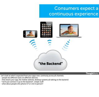 Consumers expect a
continuous experience

Let’s look at what’s expected from your apps now: continuity across all channels
- people do diﬀerent tasks on diﬀerent devices
- that means your app, the mobile website, desktop systems all talking on the backend
-“we’ll just connect it up on the backend”, simple stuﬀ
- what about people who phone in? or visit in person?

 