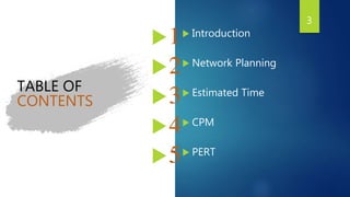  Introduction
3
 Network Planning
 Estimated Time
 CPM
 PERT
TABLE OF
CONTENTS
1
2
3
4
5
 