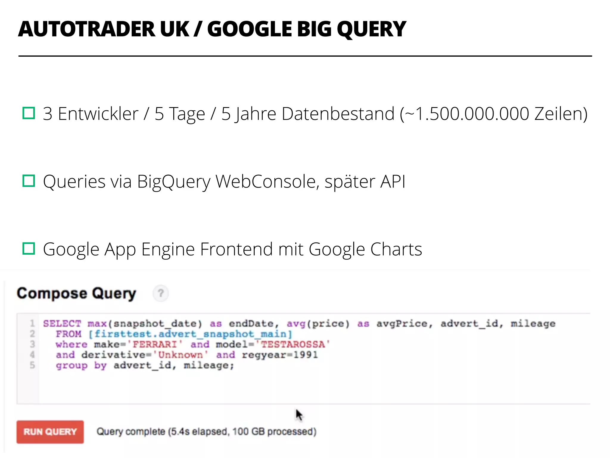 AUTOTRADER UK / GOOGLE BIG QUERY
!
▫︎3 Entwickler / 5 Tage / 5 Jahre Datenbestand (~1.500.000.000 Zeilen)
!
▫︎Queries via BigQuery WebConsole, später API
!
▫︎Google App Engine Frontend mit Google Charts
35
 