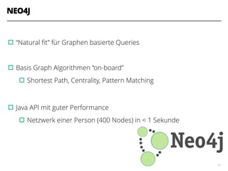 NEO4J
!
▫︎“Natural ﬁt” für Graphen basierte Queries
!
▫︎Basis Graph Algorithmen “on-board”
▫︎Shortest Path, Centrality, Pattern Matching
!
▫︎Java API mit guter Performance
▫︎Netzwerk einer Person (400 Nodes) in < 1 Sekunde
22
 