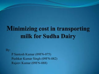Minimizing cost in transporting milk for Sudha Dairy By:         P Santosh Kumar (09FN-075)   Pushkar Kumar Singh (09FN-082)       Rajeev Kumar (09FN-088) 
