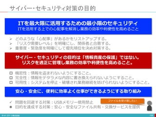 サイバー・セキュリティ対策の目的
158
 どのような「心配事」があるかをリストアップする。
 「リスク需要レベル」を明確にし、関係者と合意する。
 重要度・緊急度を明確にして優先順位を決め対策する。
ITを最大限に活用するための最小限のセキュリティ
ITを活用する上での心配事を解消し業務の効率や利便性を高めること
サイバー・セキュリティの目的は「情報資産の保護」ではない。
リスクを適正に管理し業務の効率や利便性を高めること。
 機密性：情報を盗まれないようにすること。
 完全性：情報をデタラメな内容に書き換えられないようにすること。
 可用性：システムを停止・破壊され業務継続を妨げられないようにすること。
安心・安全に、便利に効率よく仕事ができるようにする取り組み
 問題を回避する対策：USBメモリー使用禁止
 目的を達成する対策：安心・安全なファイル共有・交換サービスを提供
ファイルを受け渡したい
 