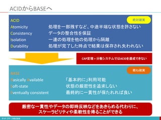ACIDからBASEへ
BASE
Basically Available 「基本的に」利用可能
Soft-state 状態の厳密性を追求しない
Eventually consistent 最終的に一貫性が保たれれば良い
厳密な一貫性やデータの即時反映などをあきらめる代わりに、
スケーラビリティや柔軟性を得ることができる
ACID
Atomicity 処理を一部残すなど、中途半端な状態を許さない
Consistency データの整合性を保証
Isolation 一連の処理を他の処理から隔離
Durability 処理が完了した時点で結果は保存され失われない
絶対確実
概ね確実
CAP定理 = 分散システムではACIDを達成できない
 