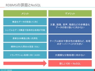 RDBMSの課題とNoSQL
構造化データの取扱いに向く
シンプルなデータ構造で効率的な処理が可能
柔軟なDB構造と高い汎用性
標準化された問合せ言語 (SQL)
文書、画像、音声、動画などの非構造化
データの取り扱いに向かない
トランザクション処理に向く (ACID)
テーブル結合や整合性の確保など、処理
のオーバーヘッドが大きい
大規模な分散処理に向かない
メリット
新しいDB = NoSQL
デメリット
 