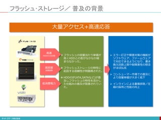 フラッシュ･ストレージ／ 普及の背景
大量アクセス+高速応答
 フラッシュの容量当たり単価が
高くHDDとの差がなかなか縮
まらなかった。
 フラッシュストレージの特性に
起因する信頼性が問題視された。
 HDDのIF(ATA,SATAなど)が普
及しフラッシュの特性を活かし
た仕組みの普及が阻害されてい
た。
 エラー訂正や障害対策の機能が
ソフトウェア、ファームウェア
で対応できるようになり、書き
換え回数上限や耐障害性の懸念
がほぼ払拭
 コンシューマー市場での普及に
より容量単価が大きく低下
 インラインによる重複排除／圧
縮の採用と性能の向上
高速
HDDの1000倍
高密度
設置面積
低消費電力
 