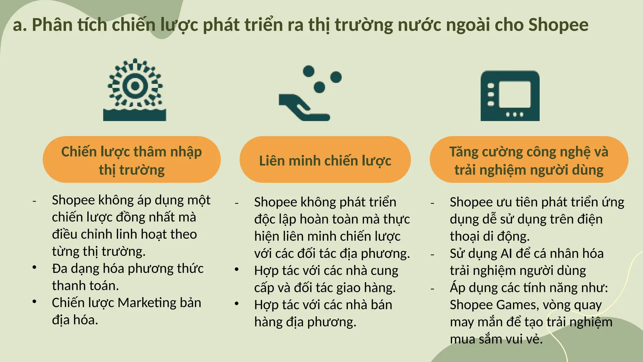 Liên minh chiến lược
Tăng cường công nghệ và
trải nghiệm người dùng
Chiến lược thâm nhập
thị trường
₋ Shopee không áp dụng một
chiến lược đồng nhất mà
điều chỉnh linh hoạt theo
từng thị trường.
• Đa dạng hóa phương thức
thanh toán.
• Chiến lược Marketing bản
địa hóa.
₋ Shopee không phát triển
độc lập hoàn toàn mà thực
hiện liên minh chiến lược
với các đối tác địa phương.
• Hợp tác với các nhà cung
cấp và đối tác giao hàng.
• Hợp tác với các nhà bán
hàng địa phương.
₋ Shopee ưu tiên phát triển ứng
dụng dễ sử dụng trên điện
thoại di động.
₋ Sử dụng AI để cá nhân hóa
trải nghiệm người dùng
₋ Áp dụng các tính năng như:
Shopee Games, vòng quay
may mắn để tạo trải nghiệm
mua sắm vui vẻ.
a. Phân tích chiến lược phát triển ra thị trường nước ngoài cho Shopee
 