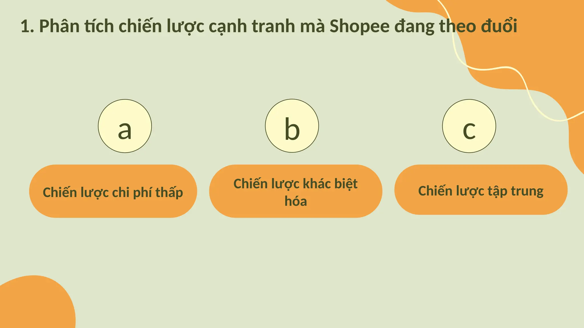 Chiến lược chi phí thấp
Chiến lược khác biệt
hóa
Chiến lược tập trung
1. Phân tích chiến lược cạnh tranh mà Shopee đang theo đuổi
a b c
 