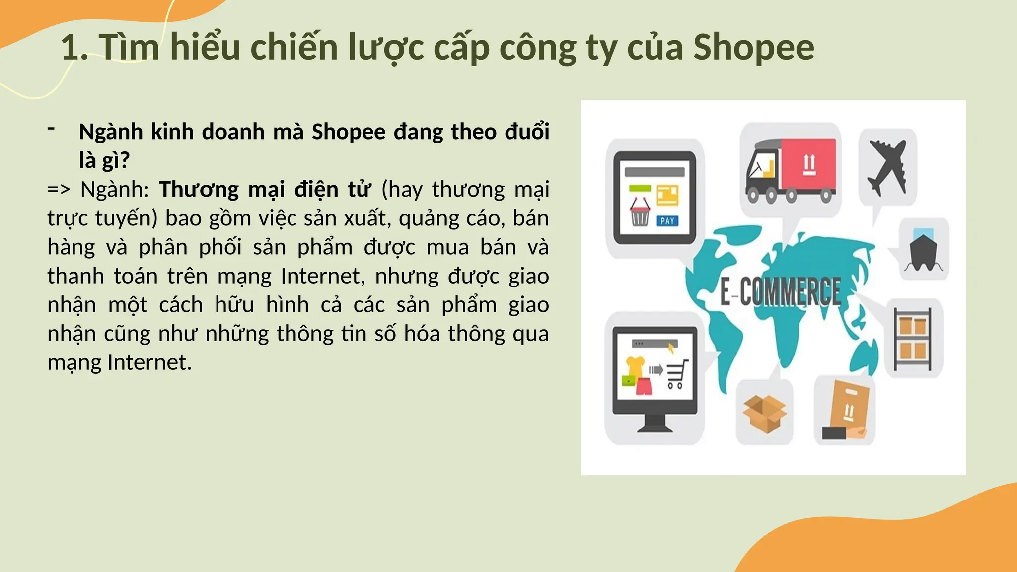 1. Tìm hiểu chiến lược cấp công ty của Shopee
- Ngành kinh doanh mà Shopee đang theo đuổi
là gì?
=> Ngành: Thương mại điện tử (hay thương mại
trực tuyến) bao gồm việc sản xuất, quảng cáo, bán
hàng và phân phối sản phẩm được mua bán và
thanh toán trên mạng Internet, nhưng được giao
nhận một cách hữu hình cả các sản phẩm giao
nhận cũng như những thông tin số hóa thông qua
mạng Internet.
 