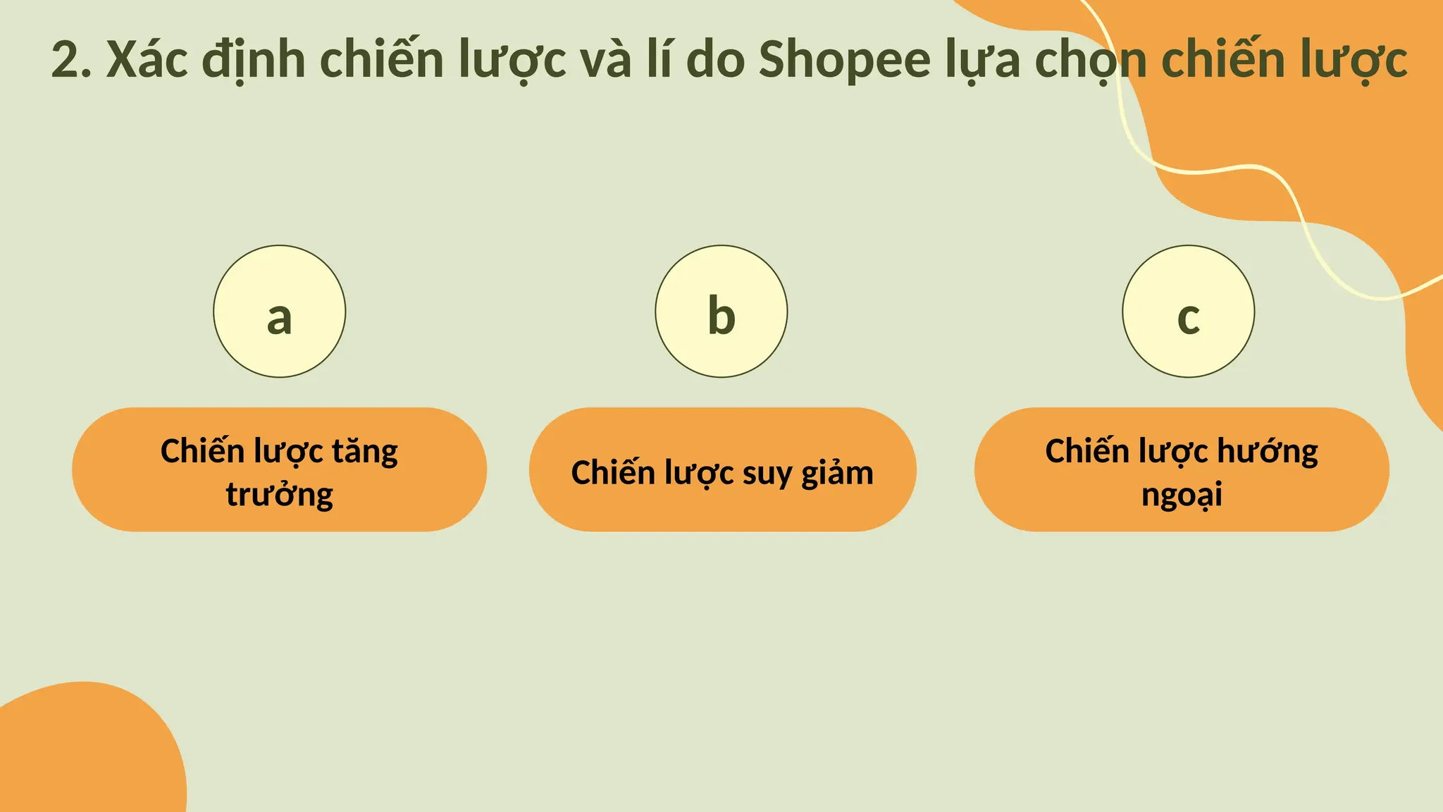 Chiến lược tăng
trưởng
Chiến lược suy giảm
Chiến lược hướng
ngoại
c
b
a
2. Xác định chiến lược và lí do Shopee lựa chọn chiến lược
 