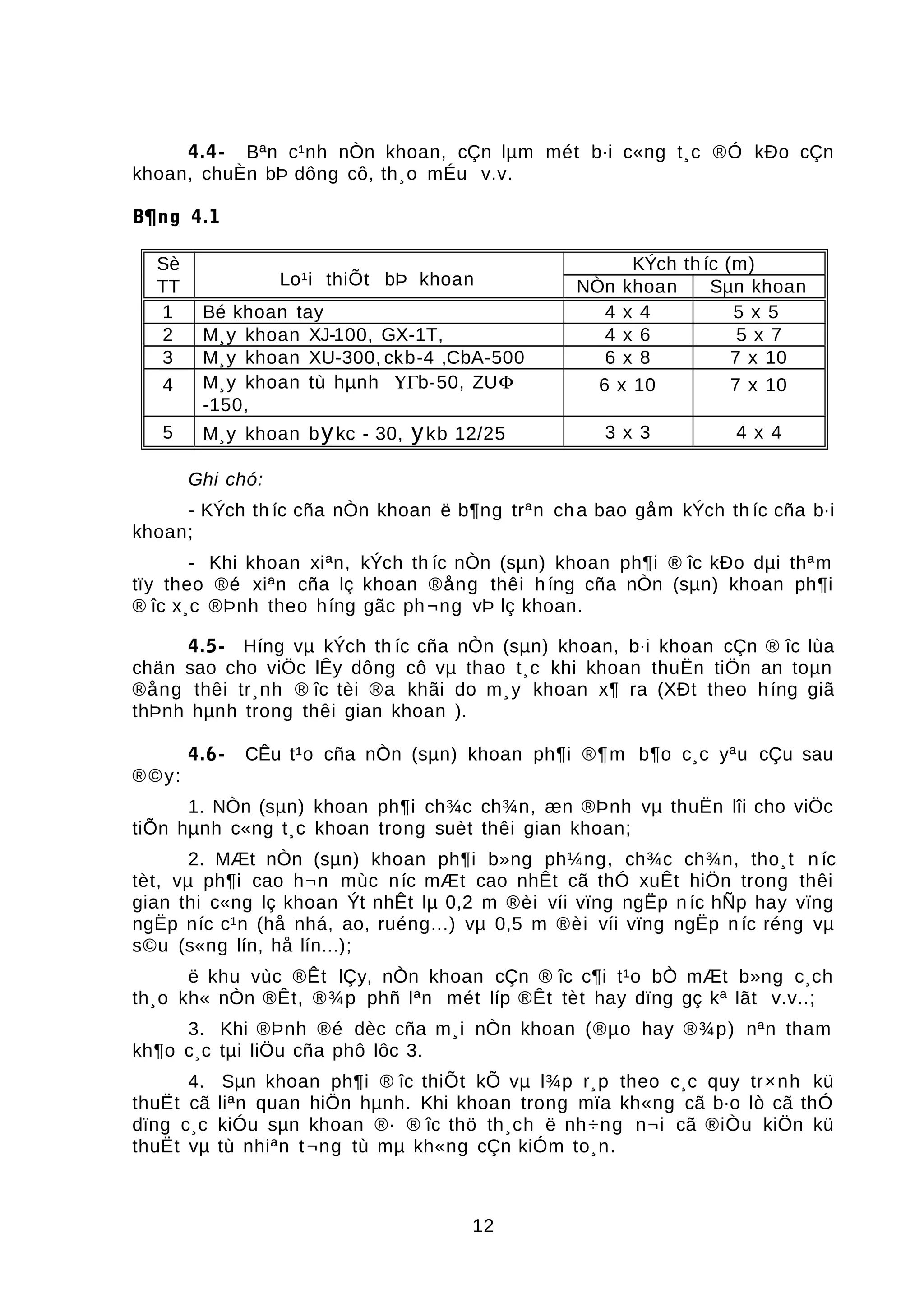 4.4- Bªn c¹nh nÒn khoan, cÇn lµm mét b·i c«ng t¸c ®Ó kÐo cÇn
khoan, chuÈn bÞ dông cô, th¸o mÉu v.v.
B¶ng 4.1
Sè KÝch th íc (m)
TT NÒn khoan Sµn khoan
1 Bé khoan tay 4 x 4 5 x 5
2 M¸y khoan XJ-100, GX-1T, 4 x 6 5 x 7
3 M¸y khoan XU-300, ckb-4 ,CbA-500 6 x 8 7 x 10
4 M¸y khoan tù hµnh ΥΓb-50, ZUΦ
-150,
6 x 10 7 x 10
5 M¸y khoan bykc - 30, ykb 12/25 3 x 3 4 x 4
Ghi chó:
- KÝch th íc cña nÒn khoan ë b¶ng trªn cha bao gåm kÝch th íc cña b·i
khoan;
- Khi khoan xiªn, kÝch th íc nÒn (sµn) khoan ph¶i ® îc kÐo dµi thªm
tïy theo ®é xiªn cña lç khoan ®ång thêi h íng cña nÒn (sµn) khoan ph¶i
® îc x¸c ®Þnh theo híng gãc ph¬ng vÞ lç khoan.
4.5- Híng vµ kÝch th íc cña nÒn (sµn) khoan, b·i khoan cÇn ® îc lùa
chän sao cho viÖc lÊy dông cô vµ thao t¸c khi khoan thuËn tiÖn an toµn
®ång thêi tr¸nh ® îc tèi ®a khãi do m¸y khoan x¶ ra (XÐt theo híng giã
thÞnh hµnh trong thêi gian khoan ).
4.6- CÊu t¹o cña nÒn (sµn) khoan ph¶i ®¶m b¶o c¸c yªu cÇu sau
®©y:
1. NÒn (sµn) khoan ph¶i ch¾c ch¾n, æn ®Þnh vµ thuËn lîi cho viÖc
tiÕn hµnh c«ng t¸c khoan trong suèt thêi gian khoan;
2. MÆt nÒn (sµn) khoan ph¶i b»ng ph¼ng, ch¾c ch¾n, tho¸t n íc
tèt, vµ ph¶i cao h¬n mùc níc mÆt cao nhÊt cã thÓ xuÊt hiÖn trong thêi
gian thi c«ng lç khoan Ýt nhÊt lµ 0,2 m ®èi víi vïng ngËp n íc hÑp hay vïng
ngËp níc c¹n (hå nhá, ao, ruéng...) vµ 0,5 m ®èi víi vïng ngËp n íc réng vµ
s©u (s«ng lín, hå lín...);
ë khu vùc ®Êt lÇy, nÒn khoan cÇn ® îc c¶i t¹o bÒ mÆt b»ng c¸ch
th¸o kh« nÒn ®Êt, ®¾p phñ lªn mét líp ®Êt tèt hay dïng gç kª lãt v.v..;
3. Khi ®Þnh ®é dèc cña m¸i nÒn khoan (®µo hay ®¾p) nªn tham
kh¶o c¸c tµi liÖu cña phô lôc 3.
4. Sµn khoan ph¶i ® îc thiÕt kÕ vµ l¾p r¸p theo c¸c quy tr×nh kü
thuËt cã liªn quan hiÖn hµnh. Khi khoan trong mïa kh«ng cã b·o lò cã thÓ
dïng c¸c kiÓu sµn khoan ®· ® îc thö th¸ch ë nh÷ng n¬i cã ®iÒu kiÖn kü
thuËt vµ tù nhiªn t¬ng tù mµ kh«ng cÇn kiÓm to¸n.
12
Lo¹i thiÕt bÞ khoan
 