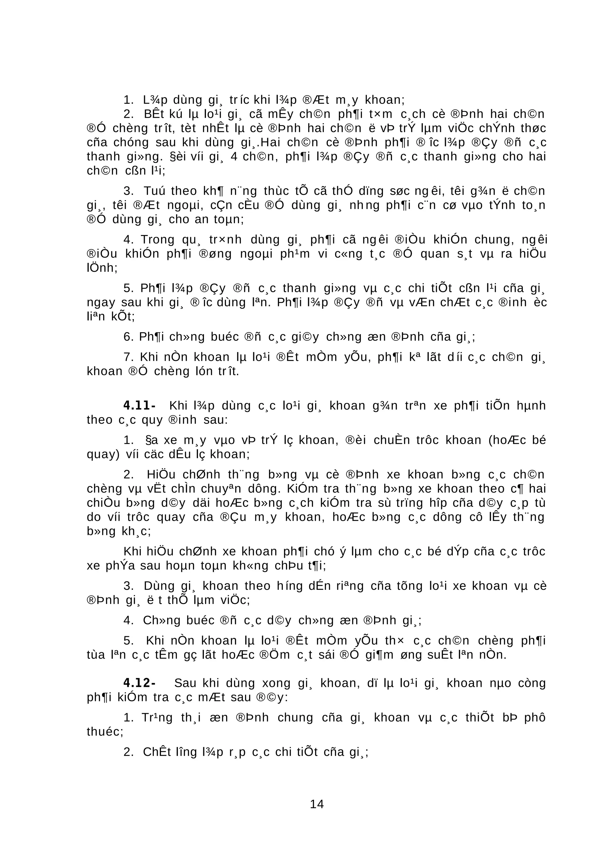 1. L¾p dùng gi¸ tr íc khi l¾p ®Æt m¸y khoan;
2. BÊt kú lµ lo¹i gi¸ cã mÊy ch©n ph¶i t×m c¸ch cè ®Þnh hai ch©n
®Ó chèng tr ît, tèt nhÊt lµ cè ®Þnh hai ch©n ë vÞ trÝ lµm viÖc chÝnh thøc
cña chóng sau khi dùng gi¸.Hai ch©n cè ®Þnh ph¶i ® îc l¾p ®Çy ®ñ c¸c
thanh gi»ng. §èi víi gi¸ 4 ch©n, ph¶i l¾p ®Çy ®ñ c¸c thanh gi»ng cho hai
ch©n cßn l¹i;
3. Tuú theo kh¶ n¨ng thùc tÕ cã thÓ dïng søc ng êi, têi g¾n ë ch©n
gi¸, têi ®Æt ngoµi, cÇn cÈu ®Ó dùng gi¸ nh ng ph¶i c¨n cø vµo tÝnh to¸n
®Ó dùng gi¸ cho an toµn;
4. Trong qu¸ tr×nh dùng gi¸ ph¶i cã ng êi ®iÒu khiÓn chung, ng êi
®iÒu khiÓn ph¶i ®øng ngoµi ph¹m vi c«ng t¸c ®Ó quan s¸t vµ ra hiÖu
lÖnh;
5. Ph¶i l¾p ®Çy ®ñ c¸c thanh gi»ng vµ c¸c chi tiÕt cßn l¹i cña gi¸
ngay sau khi gi¸ ® îc dùng lªn. Ph¶i l¾p ®Çy ®ñ vµ vÆn chÆt c¸c ®inh èc
liªn kÕt;
6. Ph¶i ch»ng buéc ®ñ c¸c gi©y ch»ng æn ®Þnh cña gi¸;
7. Khi nÒn khoan lµ lo¹i ®Êt mÒm yÕu, ph¶i kª lãt d íi c¸c ch©n gi¸
khoan ®Ó chèng lón tr ît.
4.11- Khi l¾p dùng c¸c lo¹i gi¸ khoan g¾n trªn xe ph¶i tiÕn hµnh
theo c¸c quy ®inh sau:
1. §a xe m¸y vµo vÞ trÝ lç khoan, ®èi chuÈn trôc khoan (hoÆc bé
quay) víi cäc dÊu lç khoan;
2. HiÖu chØnh th¨ng b»ng vµ cè ®Þnh xe khoan b»ng c¸c ch©n
chèng vµ vËt chÌn chuyªn dông. KiÓm tra th¨ng b»ng xe khoan theo c¶ hai
chiÒu b»ng d©y däi hoÆc b»ng c¸ch kiÓm tra sù trïng hîp cña d©y c¸p tù
do víi trôc quay cña ®Çu m¸y khoan, hoÆc b»ng c¸c dông cô lÊy th¨ng
b»ng kh¸c;
Khi hiÖu chØnh xe khoan ph¶i chó ý lµm cho c¸c bé dÝp cña c¸c trôc
xe phÝa sau hoµn toµn kh«ng chÞu t¶i;
3. Dùng gi¸ khoan theo híng dÉn riªng cña tõng lo¹i xe khoan vµ cè
®Þnh gi¸ ë t thÕ lµm viÖc;
4. Ch»ng buéc ®ñ c¸c d©y ch»ng æn ®Þnh gi¸;
5. Khi nÒn khoan lµ lo¹i ®Êt mÒm yÕu th× c¸c ch©n chèng ph¶i
tùa lªn c¸c tÊm gç lãt hoÆc ®Öm c¸t sái ®Ó gi¶m øng suÊt lªn nÒn.
4.12- Sau khi dùng xong gi¸ khoan, dï lµ lo¹i gi¸ khoan nµo còng
ph¶i kiÓm tra c¸c mÆt sau ®©y:
1. Tr¹ng th¸i æn ®Þnh chung cña gi¸ khoan vµ c¸c thiÕt bÞ phô
thuéc;
2. ChÊt lîng l¾p r¸p c¸c chi tiÕt cña gi¸;
14
 